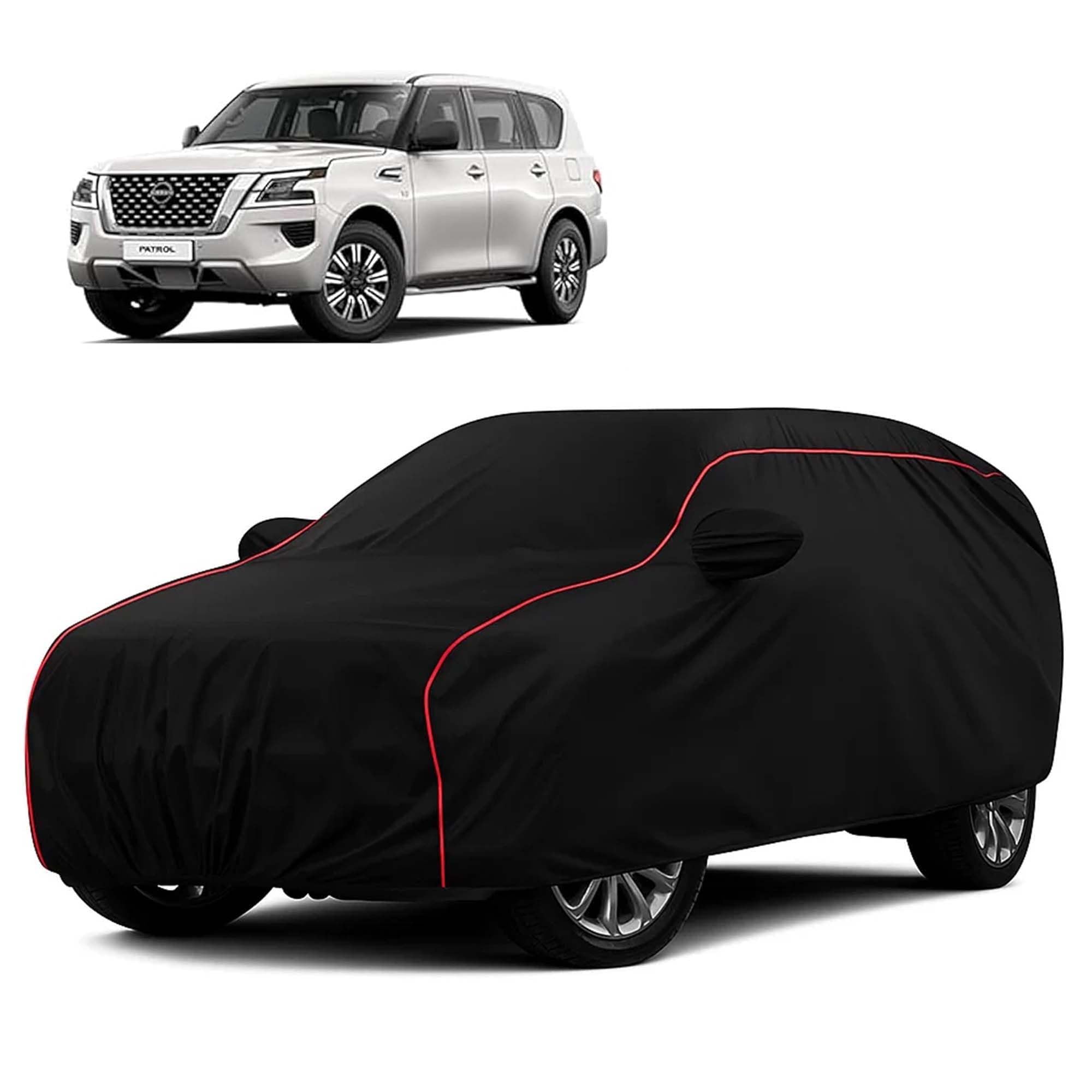 Sulfar 100% Water Resistant Car Body Cover Compatible with Mirror for Nissan Patrol (Triple Stitched, Full Bottom Elastic, Black with Red Piping)
