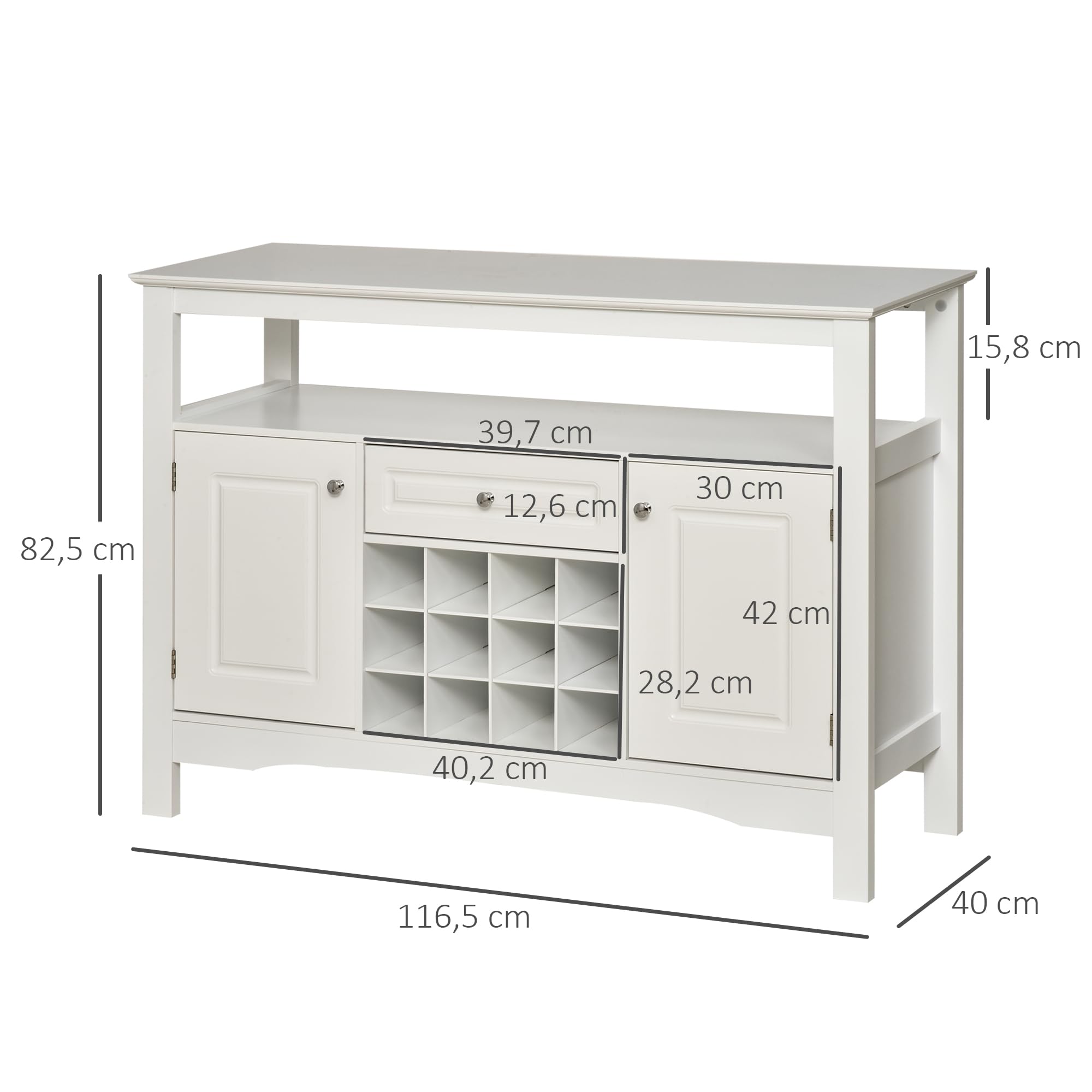 HOMCOM Aparador de Cocina con 1 Cajón 2 Puertas 116,5x40x82,5 cm Blanco | Mueble Buffet Auxiliar, 1 Estante Abierto, Botellero para 12 Botellas, Armario de Almacenamiento para Salón, Bar