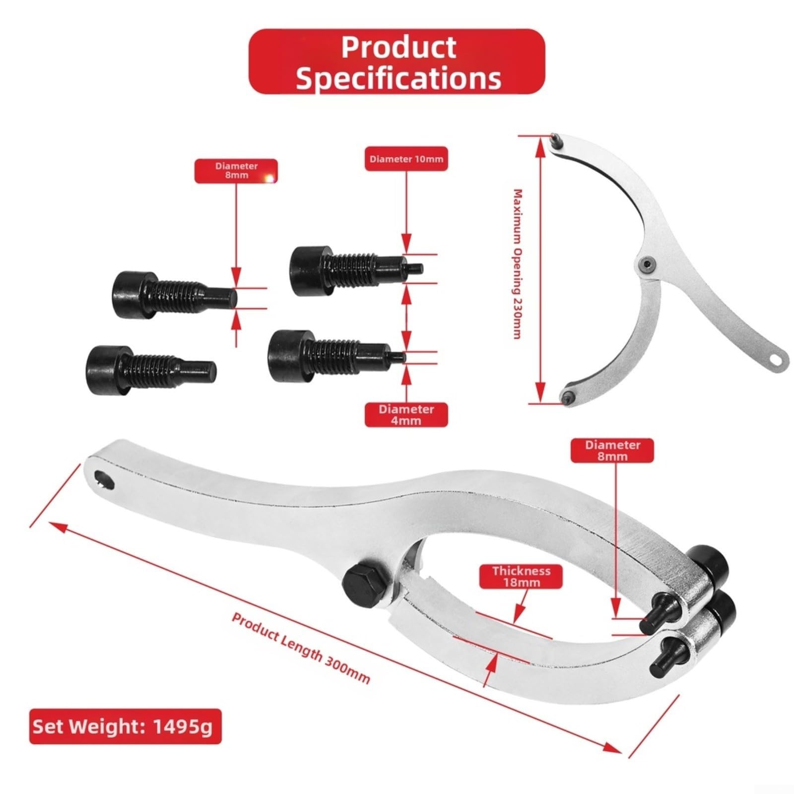 Set di 7 chiavi paraolio con teste a perno sostituibili per escavatore, kit di attrezzi in acciaio 45# per impieghi gravosi con ganascia da 230 mm e manico da 300 mm