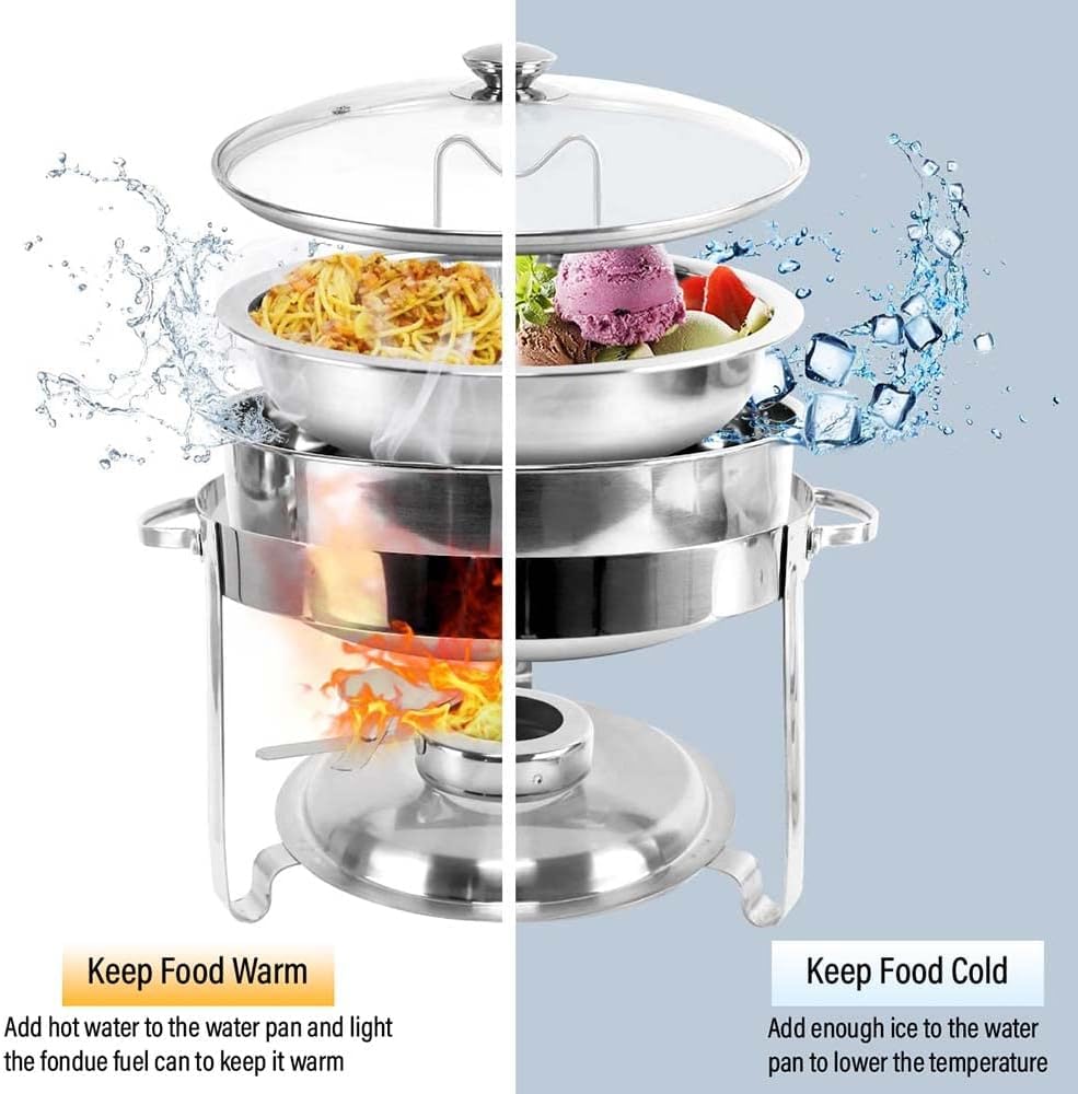 Lid 4.5 Litre Cibo Scaldabagno Catering, Acciaio Inossidabile Rotondo Buffet Chafing Piatto Vetro, Chafing Dish Catering Buffet Warmer Set, per feste, buffer e scaldavivande con coperchio set