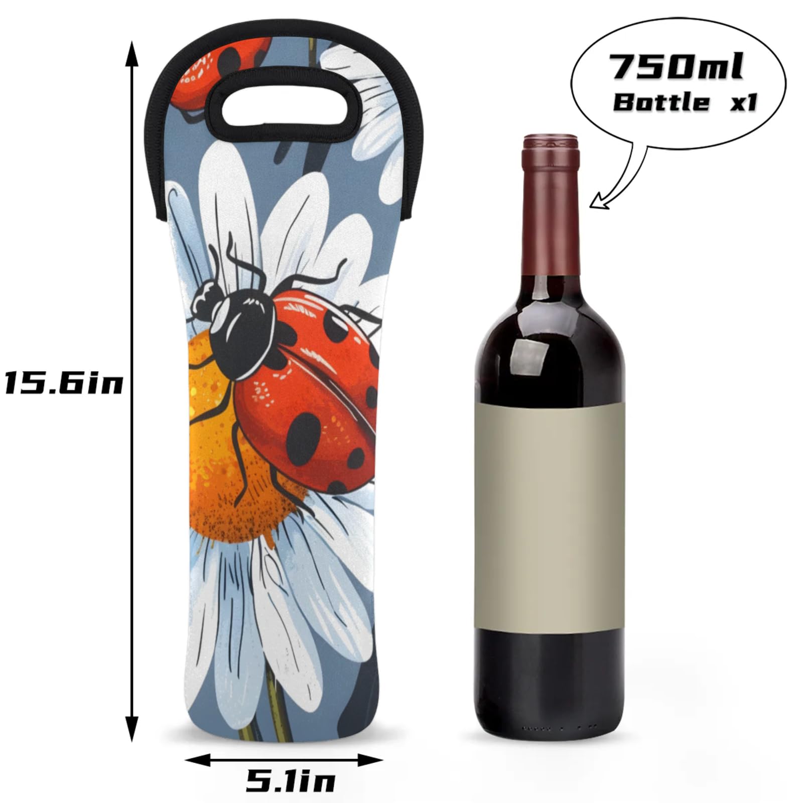 Neoprene Wine Tote Carrier Bag for Wine,Water, Champagne, Beer, Baby Bottles 15.6 x 5.1 Inches, Protective Wine Bag,Vibrant Ladybugs