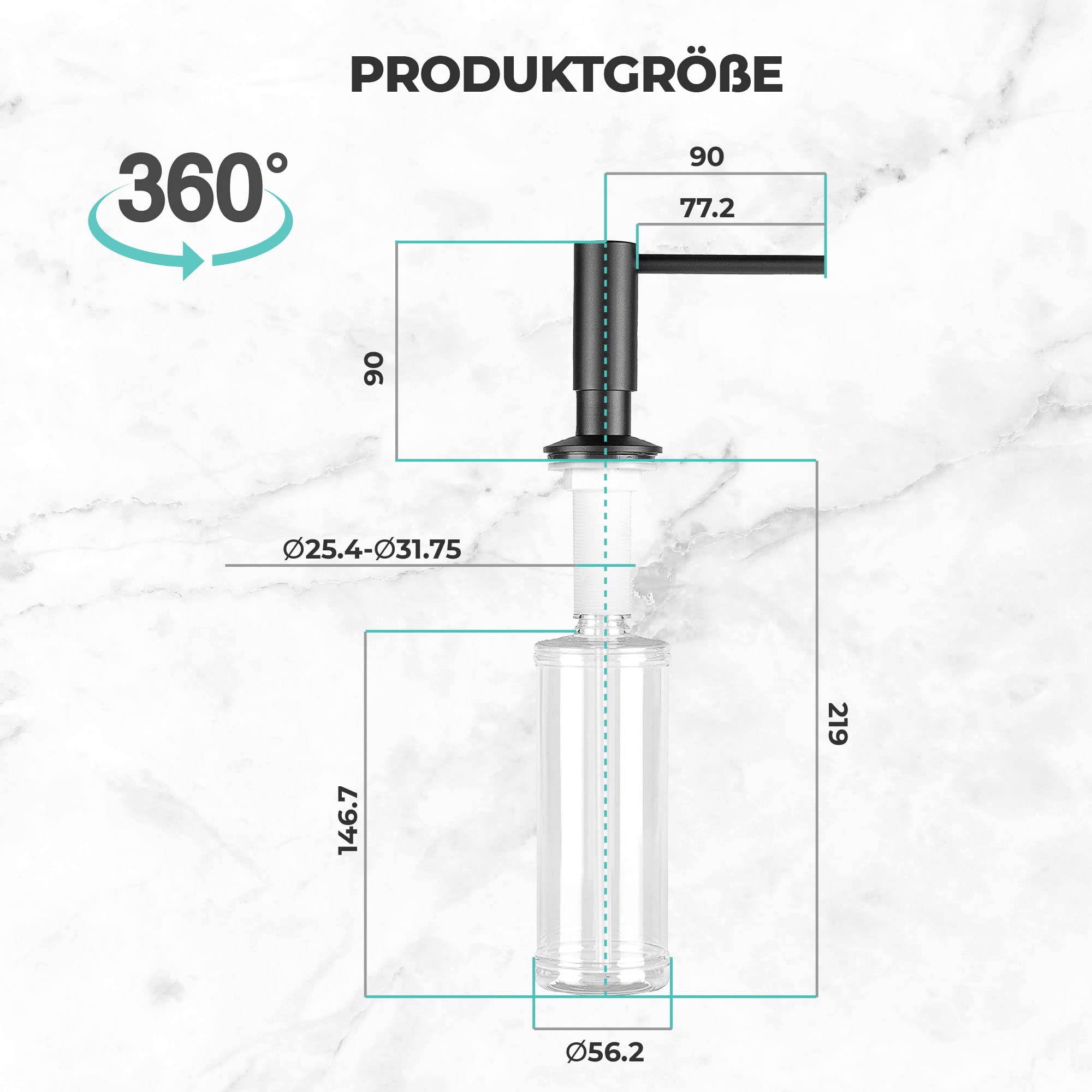 Mizzo Seifenspender zum Einbauen, 300 ml, für Spülmittel, Desinfektion, Lotion oder Flüssigwaschmittel, wiederaufladbar, Öffnung 26 – 31 mm, 360 ° drehbar, Schwarz