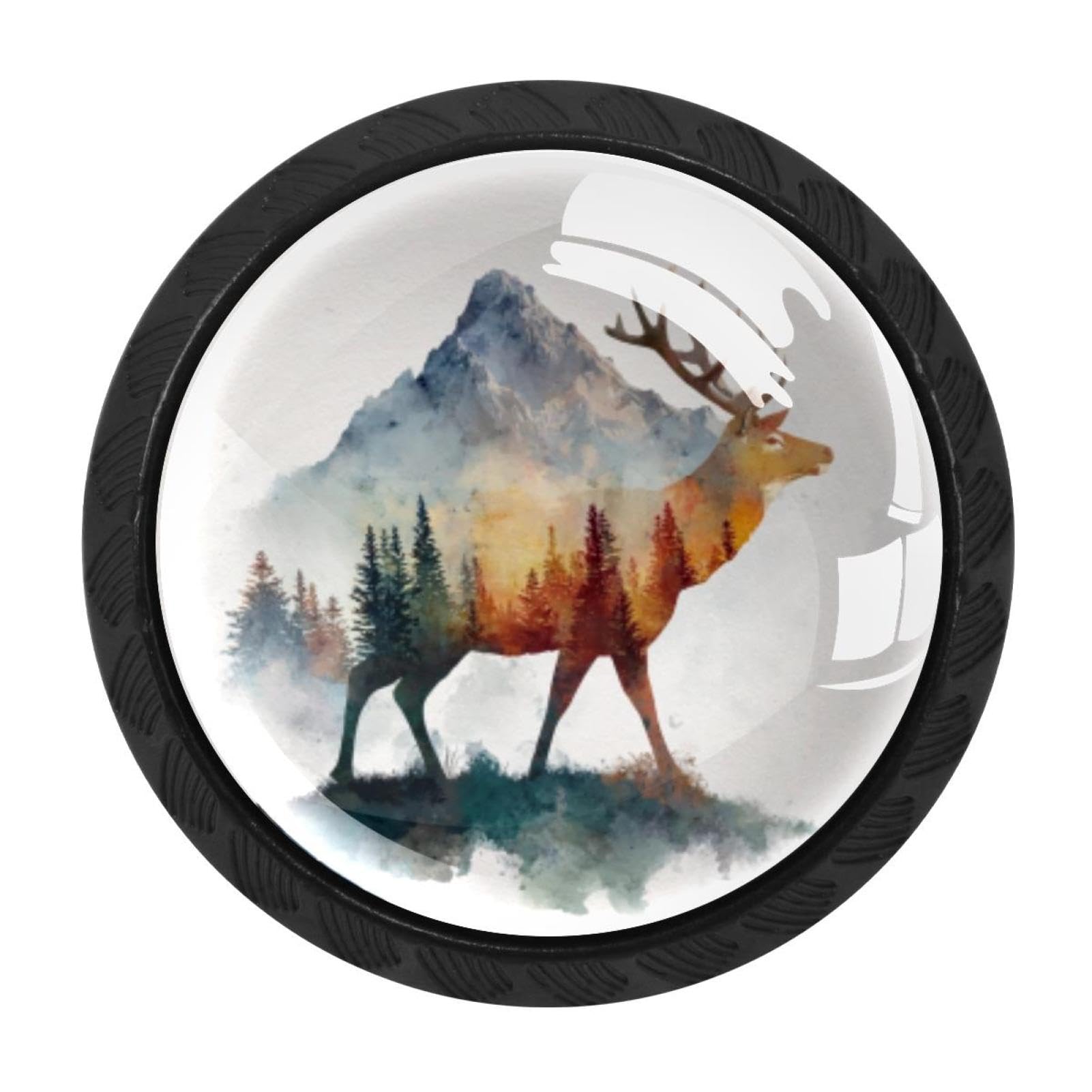 CHENZZZZ 4 Pack Cabinet Knobs Black Drawer Knobs Round Kitchen Cabinet Knobs Watercolor Mountain Deer (10) Cabinet Handles Hardware Dresser Knobs and Pulls for Bathroom Cabinets