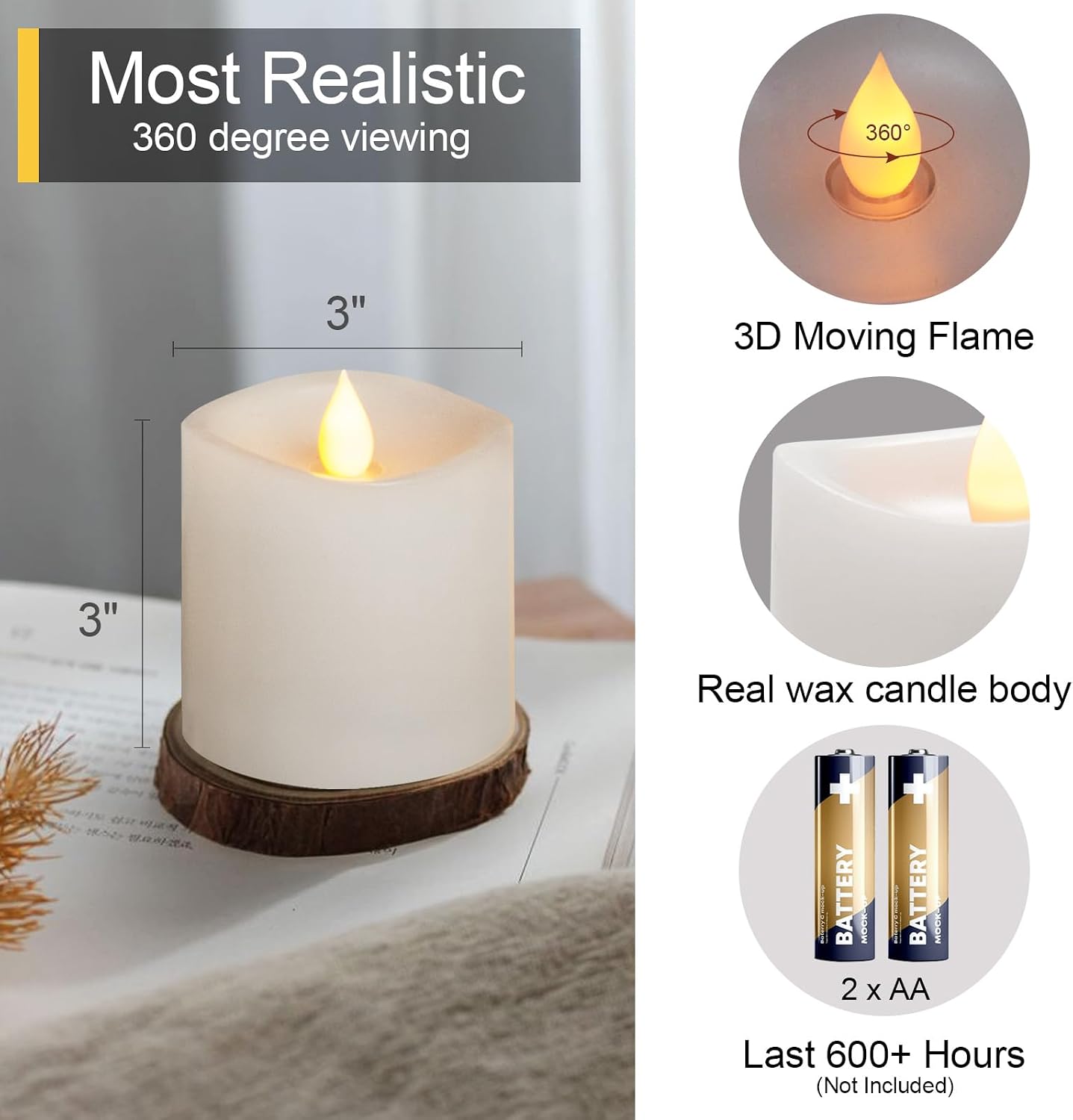 3x3 Flameless Candles with Remote Set of 2, 3 inch Battery Candles Flickering with Timer, LED Pillar Candle for Indoor/Outdoor, White