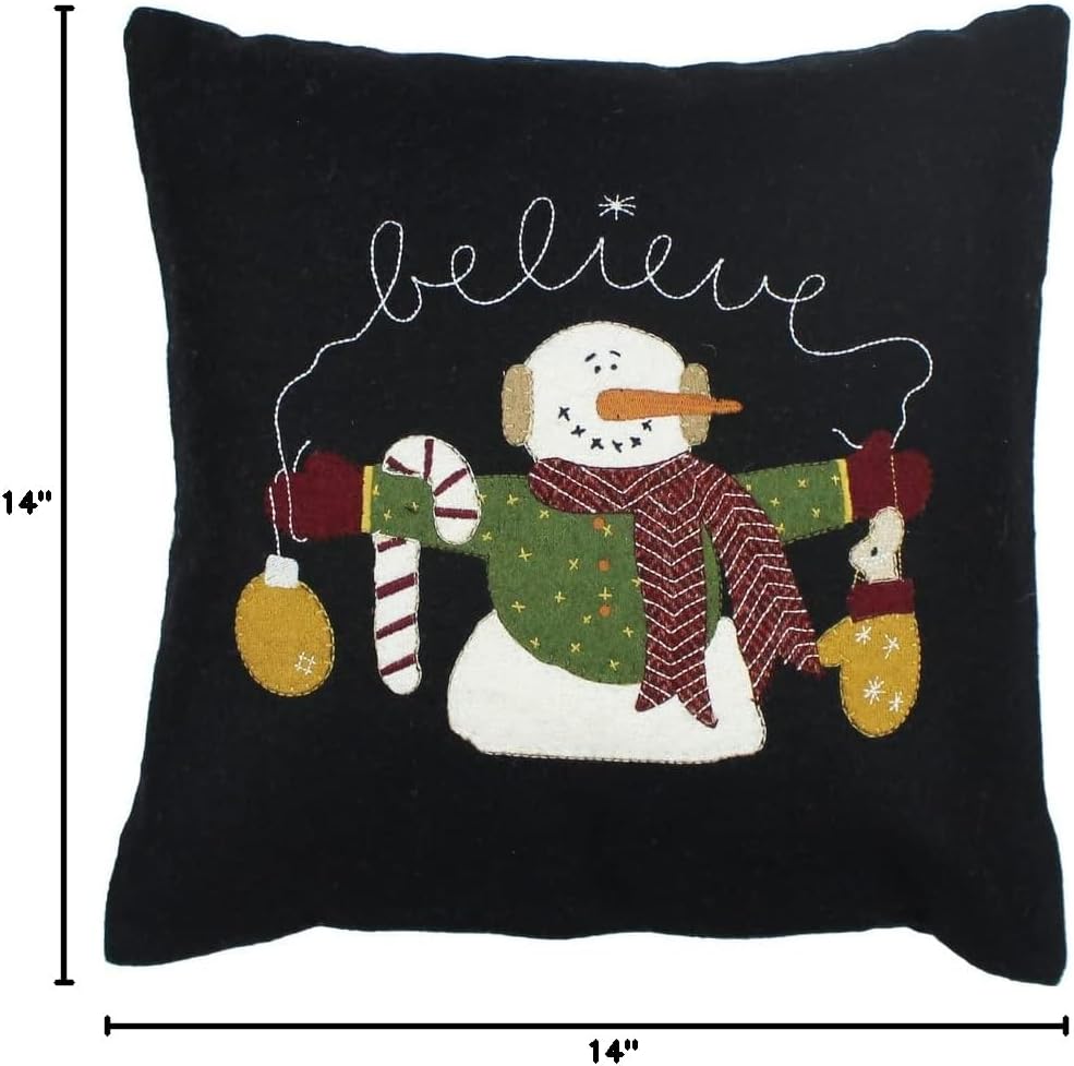 Snowman Believe Black Pillow 14" x 14"