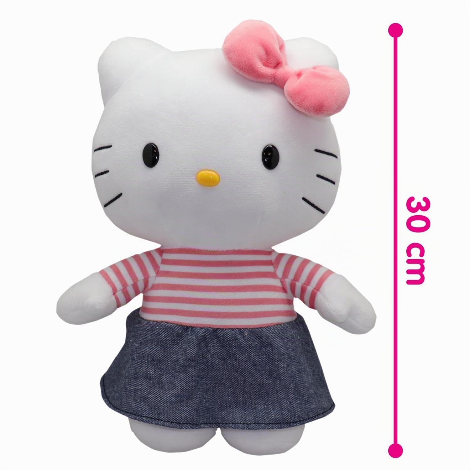 Hello Kitty Giochi Preziosi Morbido Peluche Hello Kitty 30 cm con Outfit alla Moda, Tutina Rosa, Fiocco Rosso, Maglia A Righe Rosse Adatto per Bambini dai 3 Anni
