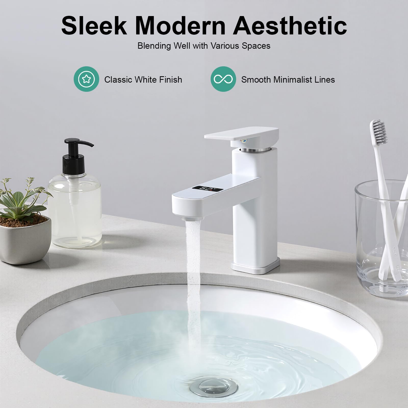 Mitigeur Lavabo avec Affichage Numérique de Température, Robinet Salle de Bain Noir Blanc Monocommande, Robinet Vasque avec Mousseur et Cartouche Céramique, Eau Chaude Froide (Blanc)