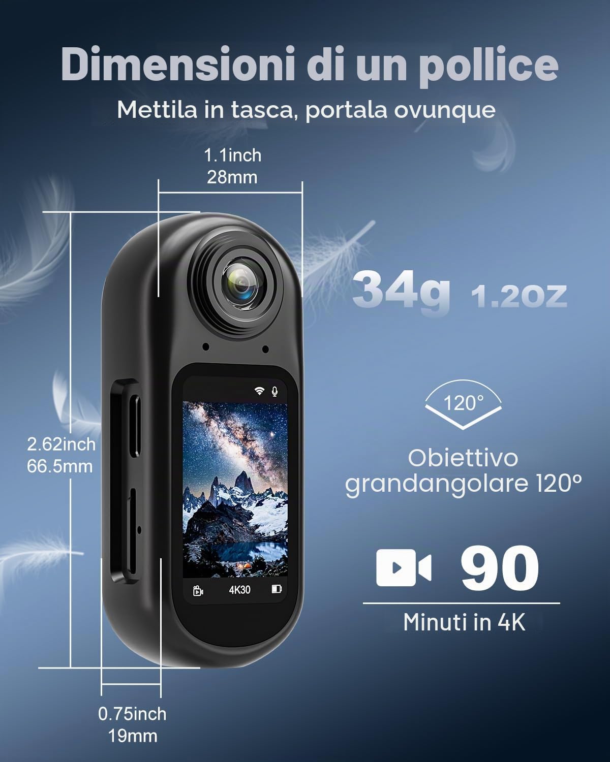 Mini Action Cam 4K WiFi, body camera portatile 128 GB, dimensione pollice | cordino magnetico, registrazione vivavoce, fotocamera per animali domestici, viaggi, lavoro, sport acquatici
