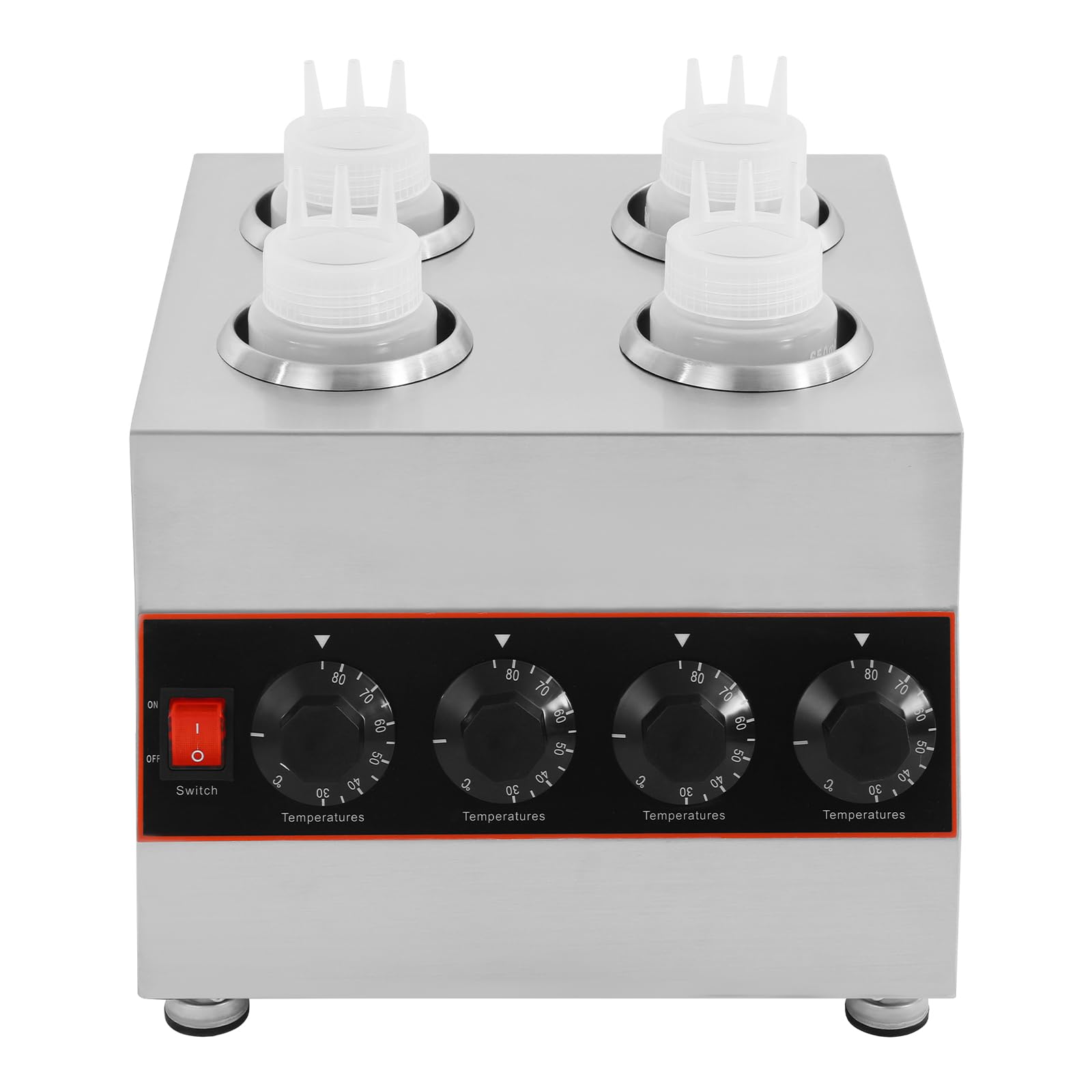 Electric Sauce Warmer Dispenser, 4 Bottle Countertop Chocolate & Cheese Warmer Machine with Adjustable Temperature (86-185°F) Hot Fudge Nacho Cheese
