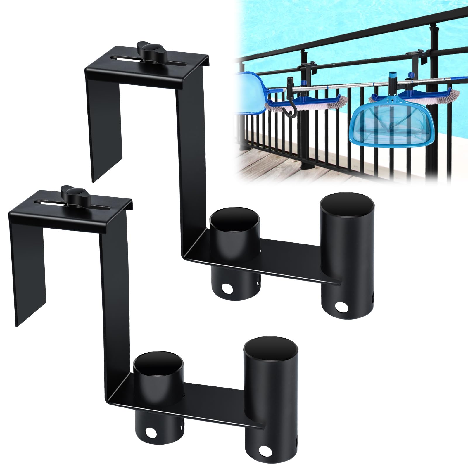 2packs Adjustable Pool Fence Hooks Metal Pool Tool Organizer and Holder Black Hangers for Pool Cleaning Tools Pool Fence Equipment Hooks for Poles