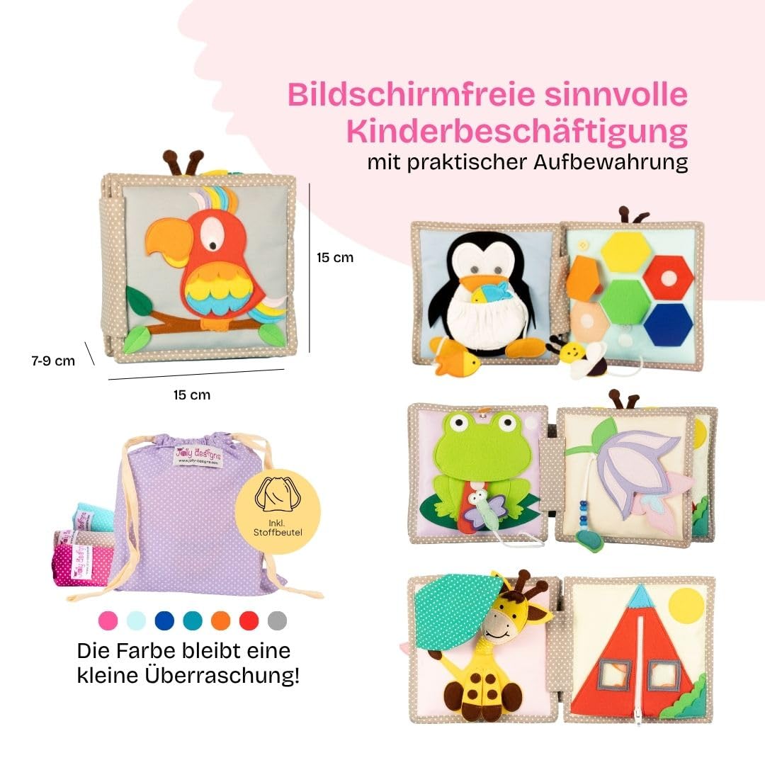 Jolly Designs Mini Quiet Book Schillernder Papagei – Montessori Spielzeug ab 6 Monaten – Fühlbuch & Busy Book ohne lose Teile – Stoffbuch & Motorikspielzeug aus Filz – Lernspielzeug für Babys
