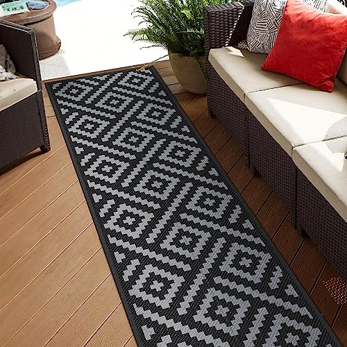 Image of GENIMO Outdoor Rug, Waterproof Plastic Runner Rugs, 2.5'x8' Black Grey | Outside Modern Carpet Mat for Patio Decor, Porch, Deck, Balcony, Camping, RV, Picnic, Beach, Reversible, Foldable