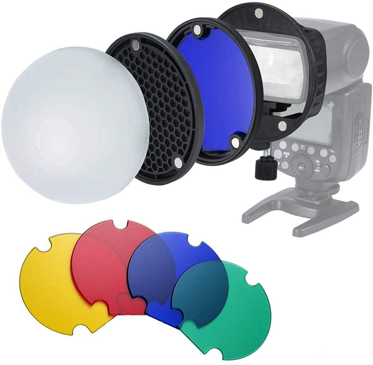 eWINNER Mag Dome Universal Mount Adapter Kit with Diffuser/Honeycomb Grid/Color Gels for Godox Canon Nikon Sony Yongnuo Olympus Pentax Speedlite