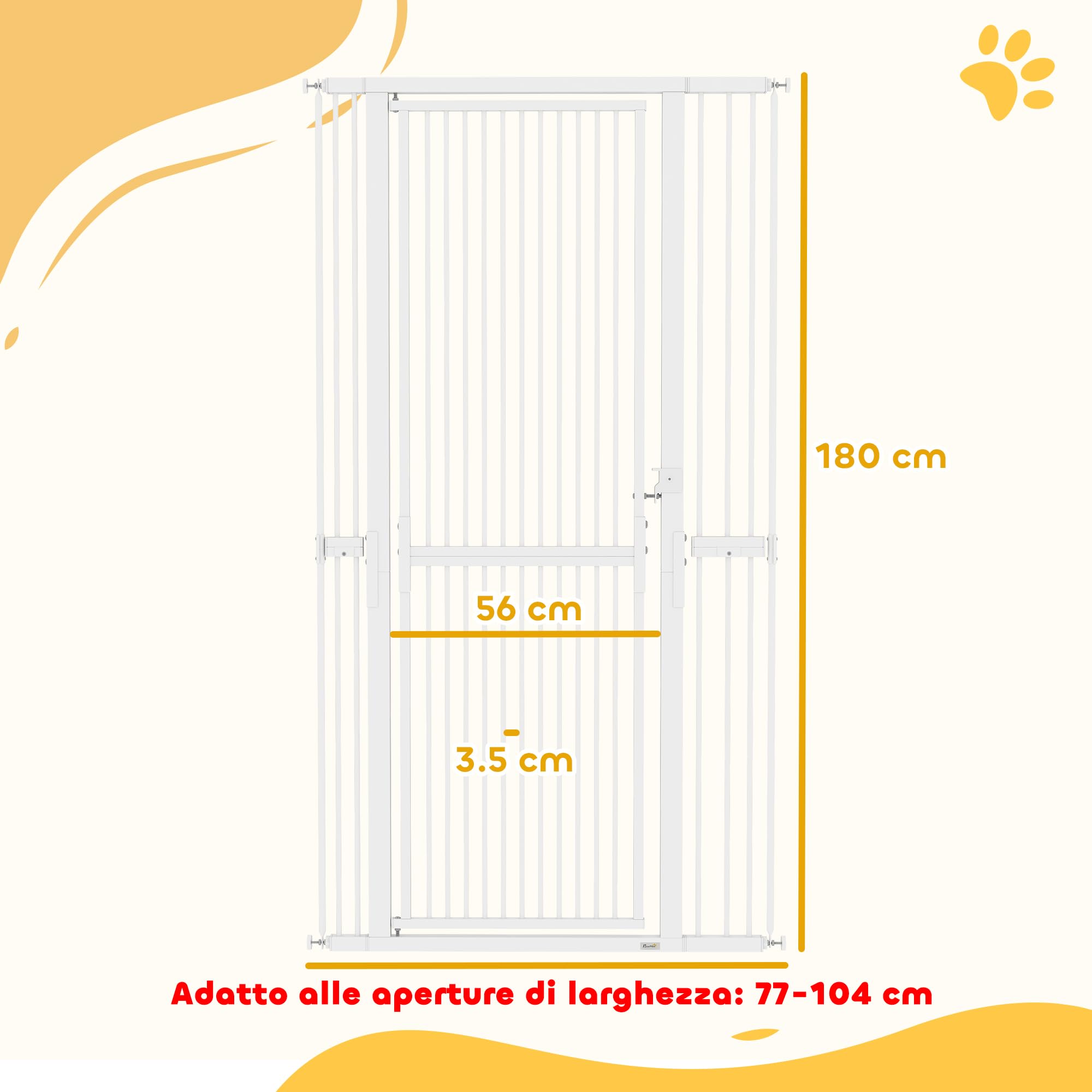 PawHut Cancelletto di Sicurezza per Cani Gatti 180cm, Estensibile 77-104 cm, Spazio 3.5cm, Bianco
