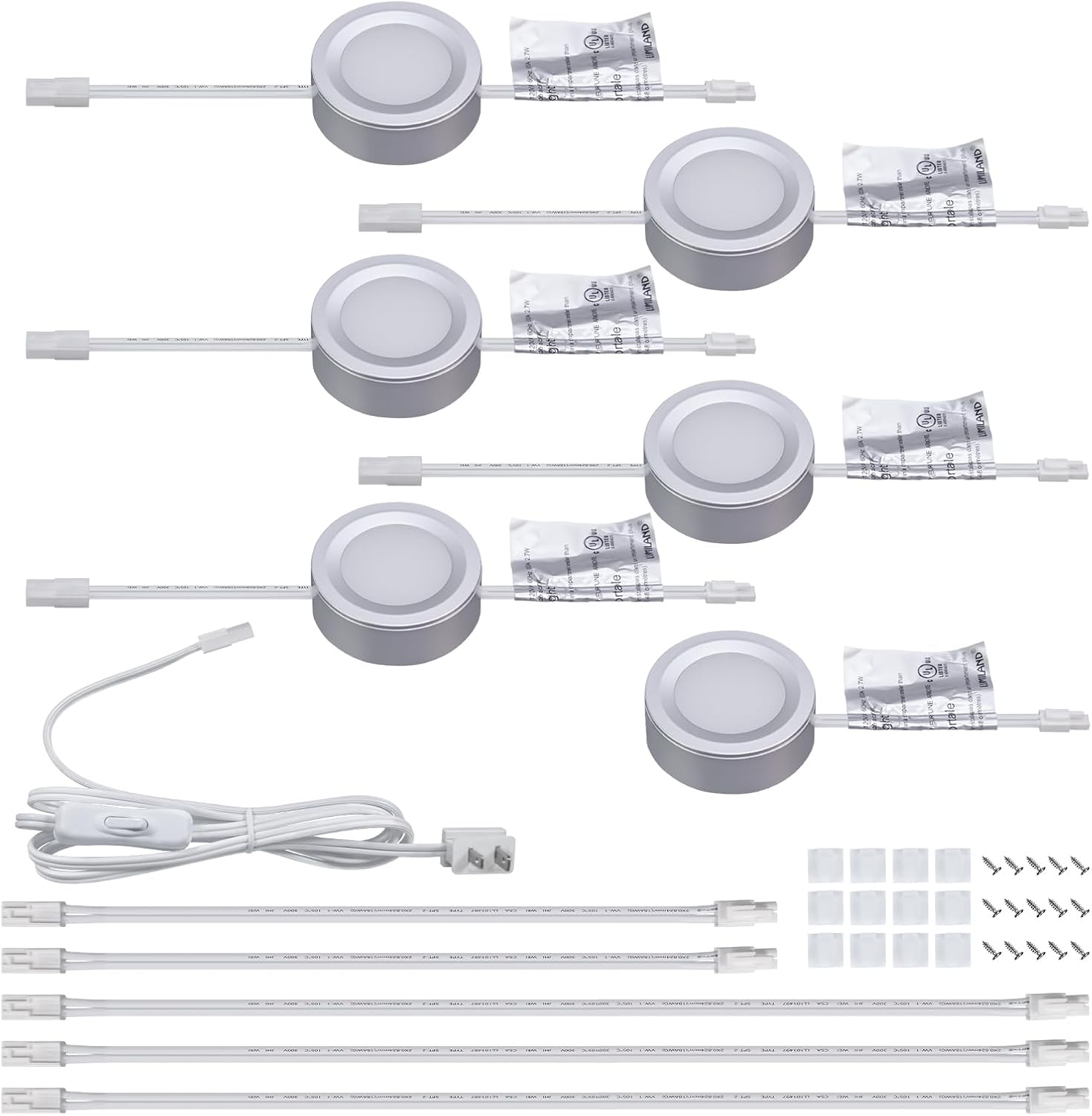 LUMILAND Wired LED Puck Lights Kit 2.68" Wide 3000K, 120V Plug-in or Hardwired Installation with Recessed or Surface Mounted, Silver Grey, Set of 6