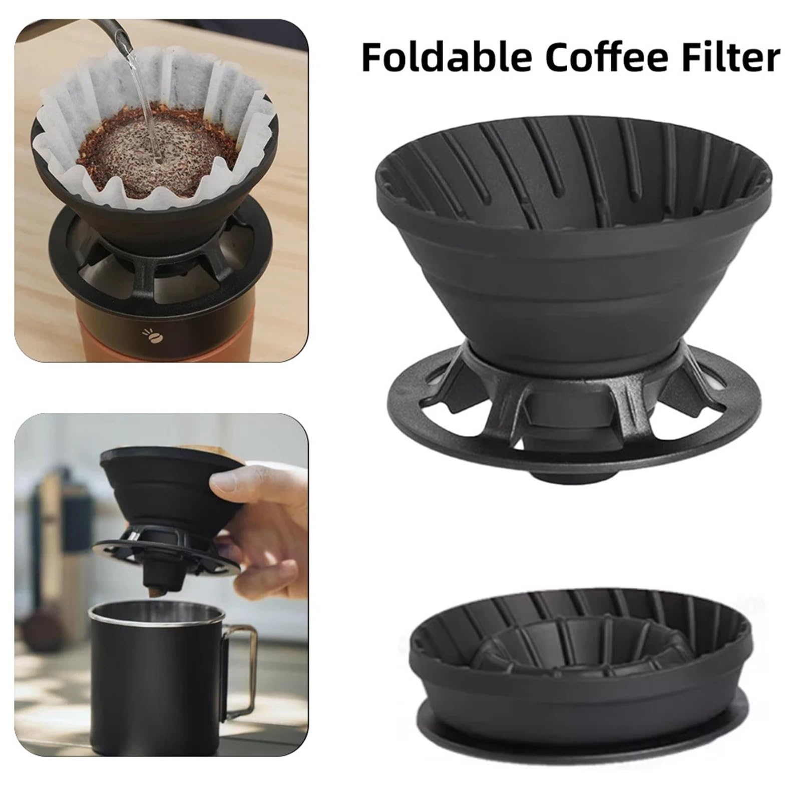 Gotero de café portátil, reutilizable, taza de filtro de café de silicona para exteriores, camping, senderismo, uso para 1-2 personas, color negro, herramienta de barista (tazas y filtros)