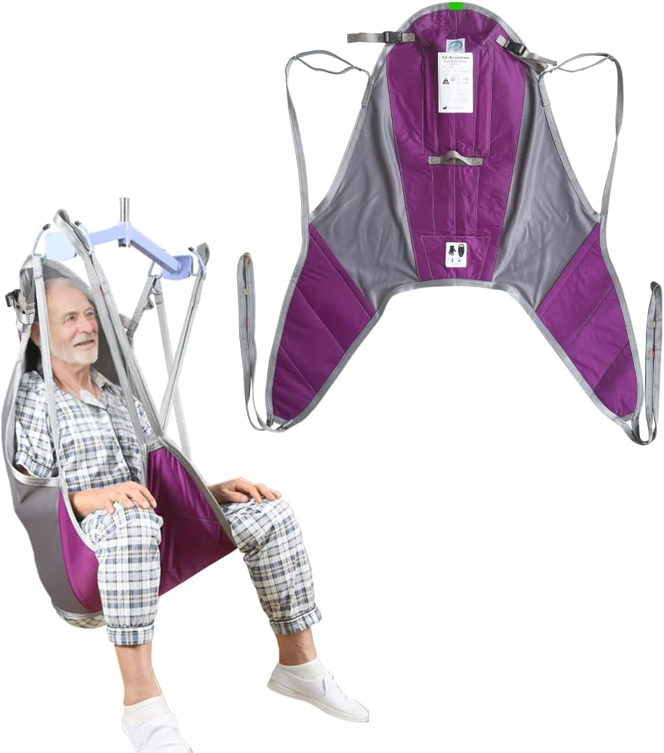 EZ Assistive Hebegurt für Patientenlifter mit Kopfstütze, Transfergurt mit geteilten Beinschlaufen für Toilettengang, Liftertuch für Senioren und Pflege, 230 kg Tragkraft (Blue, mittel)
