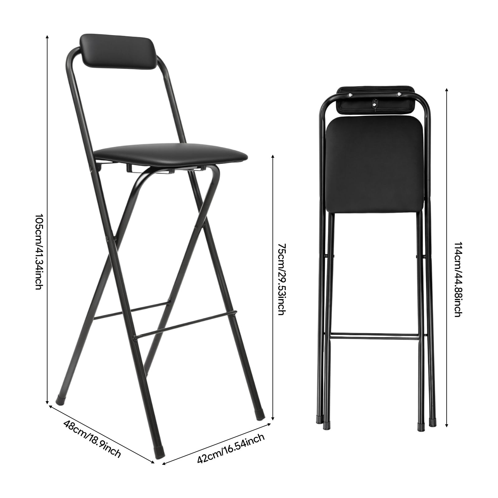 Tabouret Haut de Bar Pliant, Tabouret et Chaise de Bar Haute Pliante Pliable avec Dossier pour Exterieur Interieur Camping Jardin Balcon Salon/Assise Noire/Hauteur D'Assise 75CM