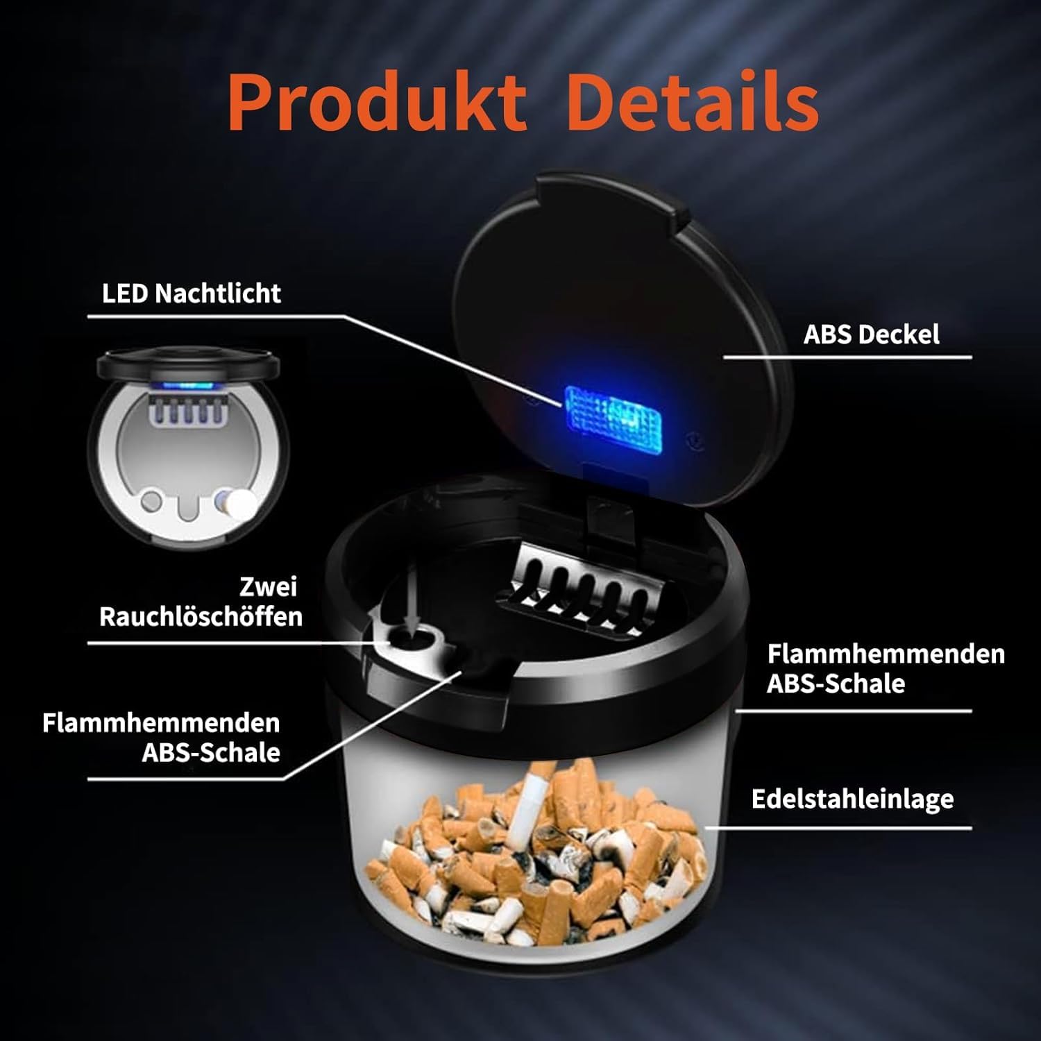 Posacenere Auto Per Ford Mustang, F150, Ranger - In Acciaio Inox Con Coperchio Antiodore - Foto 2