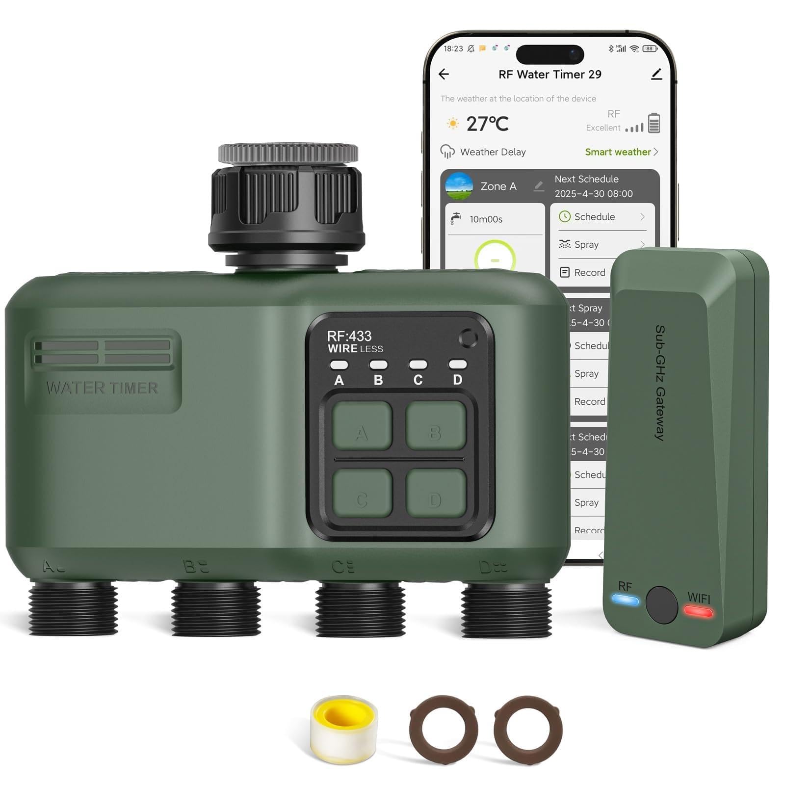 Timer per Irrigazione Wifi 4 Vie a Batteria Smart Programmabile Automatica Water Temporizzatore per Esterno Giardino Prato Orto