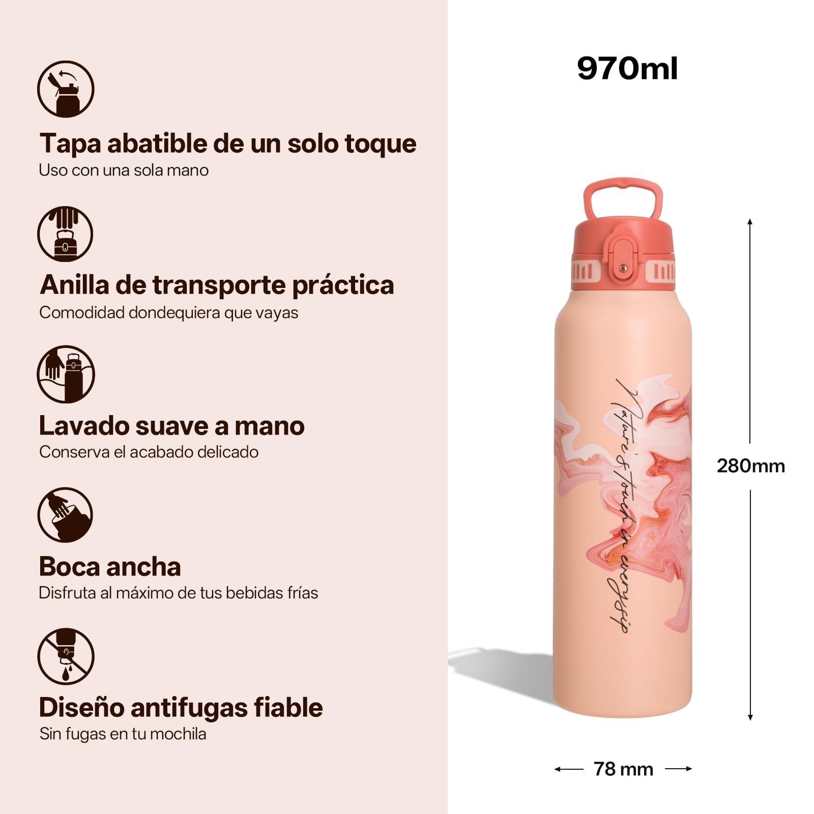UZSPACE Borraccia in acciaio inox 1 l (970 ml), isolata con coperchio, apertura a 1 clic, a prova di perdite, per escursioni, sport, fitness, palestra, attività all'aperto