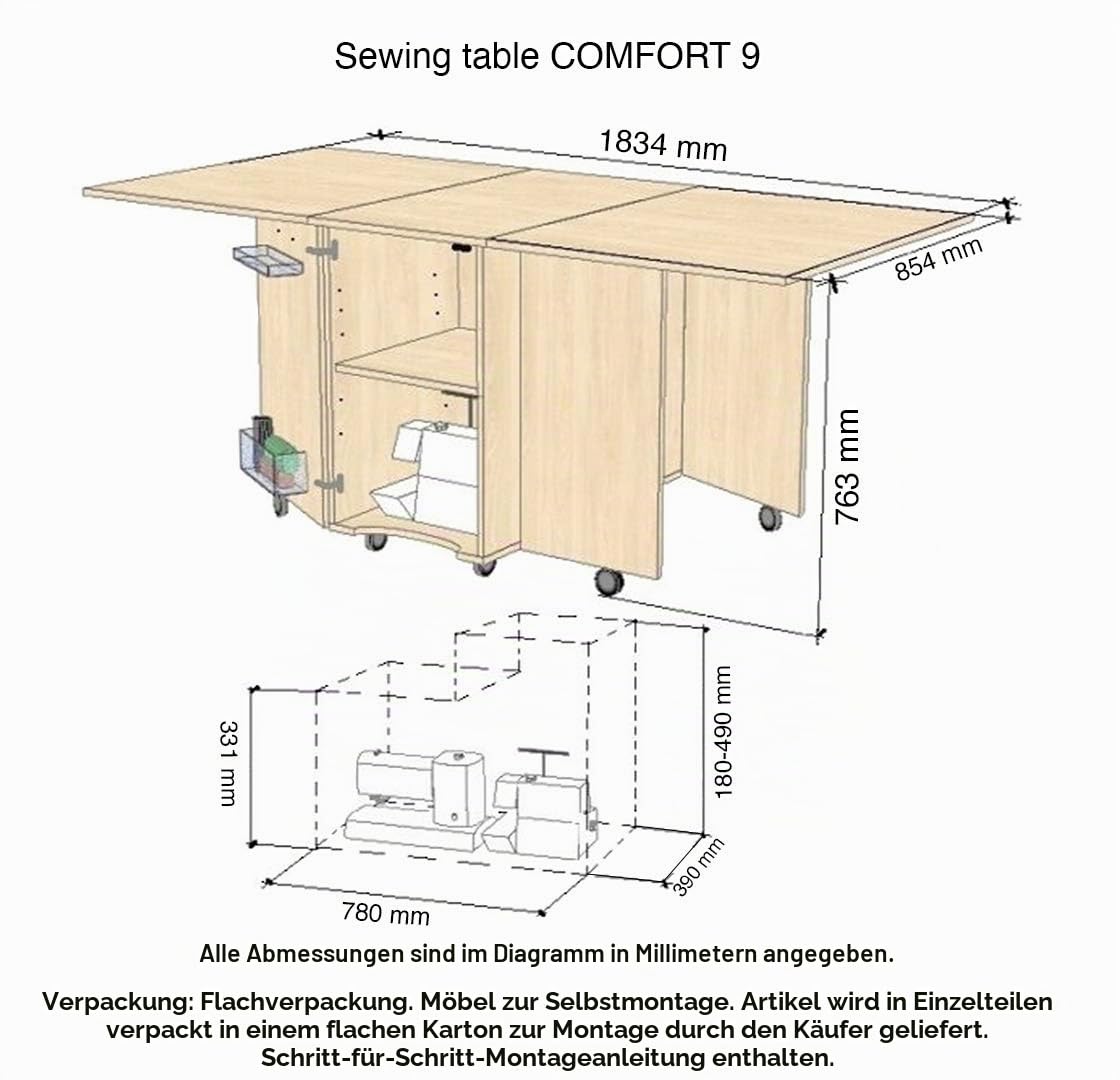 Comfort 9 | Nähmaschinenschrank | Nähmöbel | Nähtisch | Aufbewahrungsschrank | (Lakeland Acacia Light)