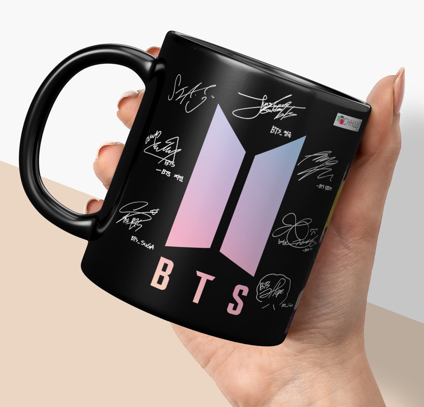 BTS Mug BTS Signature Army BTS Gift Music Band V Suga J-Hope Jungkook Jin Jimin Rm Army BTS Gifts for Girls Boys Printed Microwave Safe Black Ceramic Coffee Mug 350 ML (Pack of 1)
