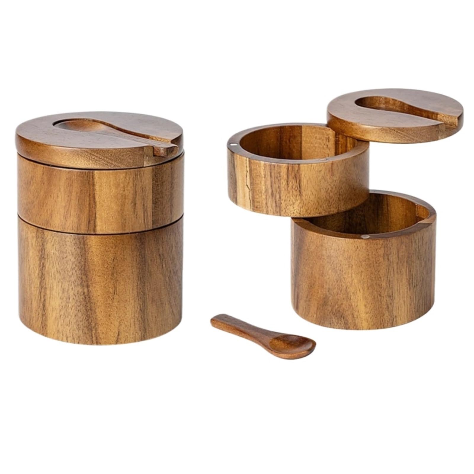 LuoAXINN Wooden Salt Cellar Acacia Salt Box with Lid and Spoon, Cellar with Swivel, Container Holder for Sea Herbs or Seasonings(2 Layer)