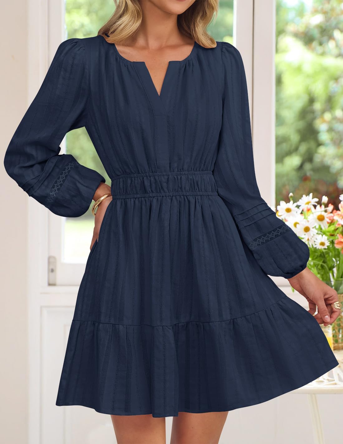 ZESICA Long Sleeve V Neck Mini Dresses for Women 2026 Spring High Waist Ruffle Pleated A Line Cocktail Party Short Dress - Image 2