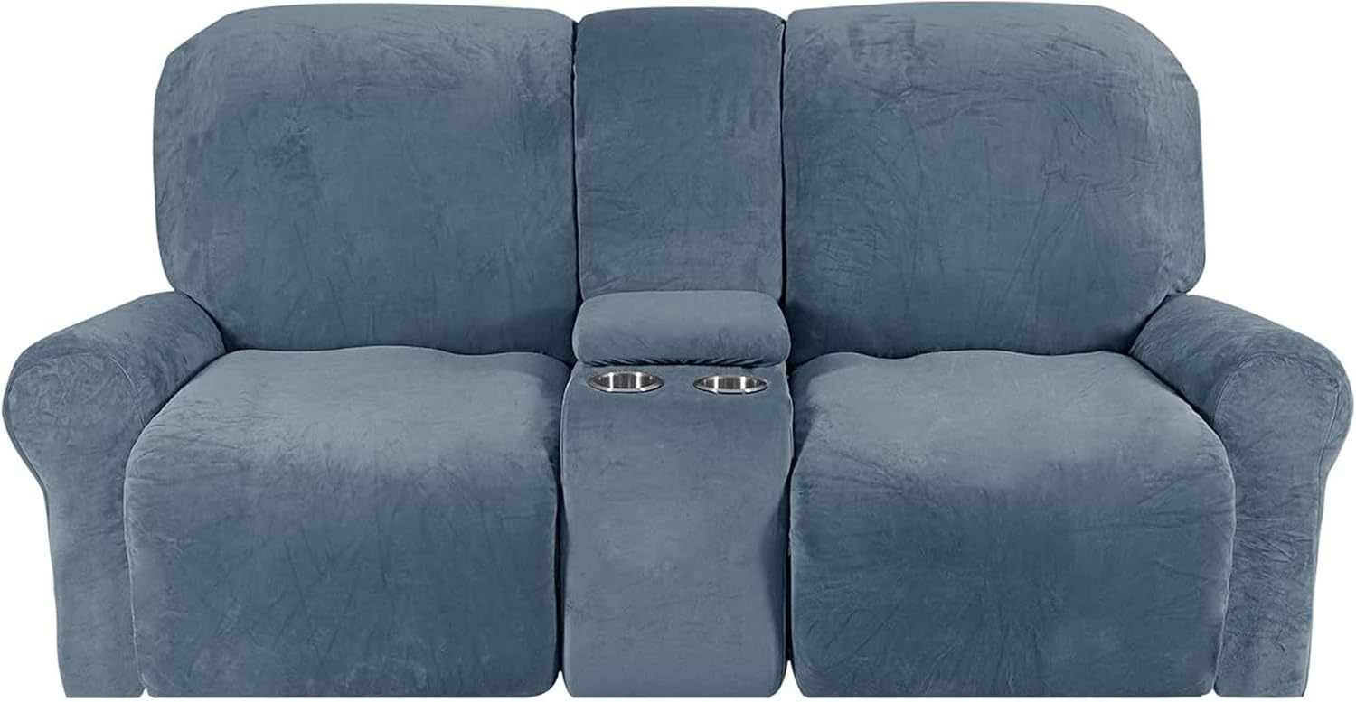 Love Seat Recliner Cover with Middle Console Slipcover, 8 Pieces Velvet Stretch Sectional Recliner Sofa Slipcover with Cup Holders, 2 Seat Reclining Cover, Thick, Soft,Machine Washable (Gray Blue)