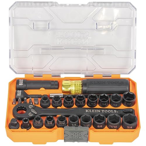 Klein Tools 65400KNECT KNECT Essential Pass Through Impact Socket Set, SAE and Metric, 90-Tooth Ratchet, MODbox Case, 3/8-Inch Drive, 28-Piece