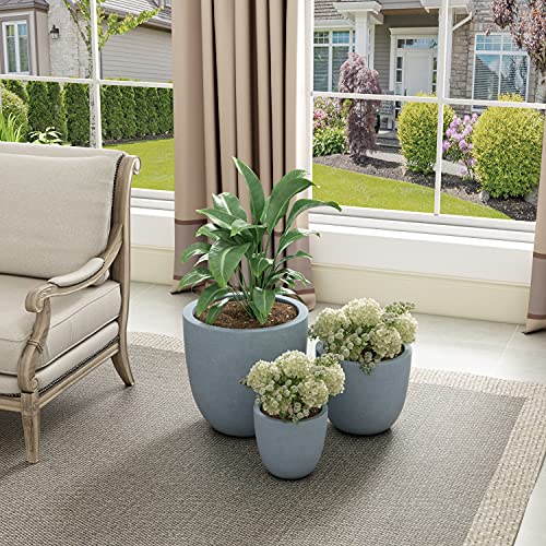 Image of Kante Set of 3 Blue Gray Concrete Bowl Planters 18 inch 14 inch 10 inch Dia