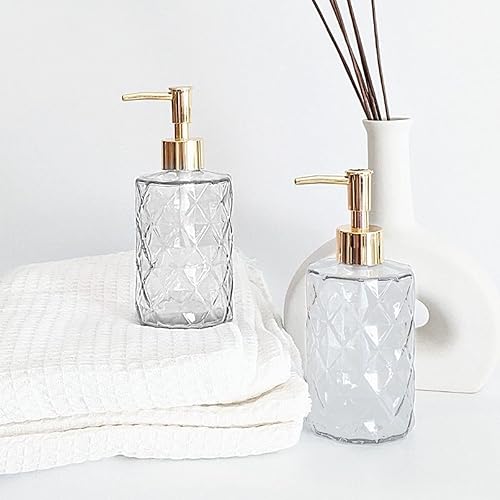Miniatura 7 de Dispensador de jabón de vidrio transparente con bomba de plástico dorado, paquete de 2 dispensadores de jabón de manos de diamante de 12 onzas,
