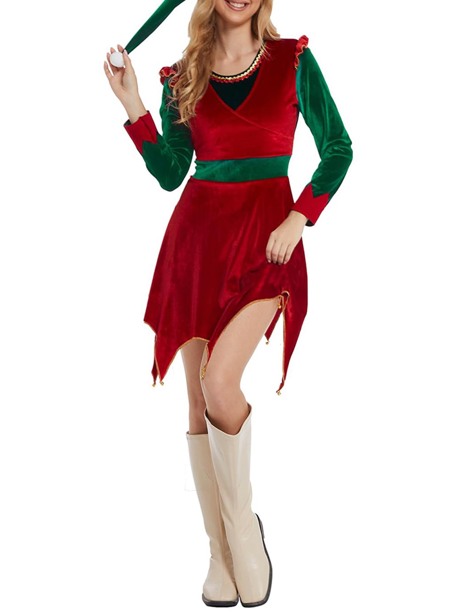 SANSIWU Women Christmas Elf Costume Set Long Sleeve Irregular Hem Velvet Dress with Hat Adult Christmas Party Fancy Outfit (A-Red, M)