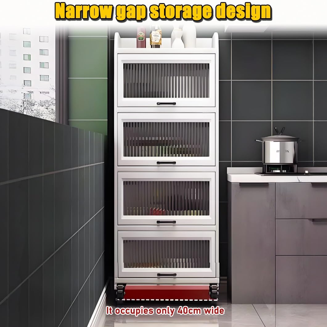 Estante para especias, carrito de almacenamiento delgado, carrito de cocina móvil con ruedas, puertas de vidrio templado, estante estrecho, organizador de ahorro de espacio