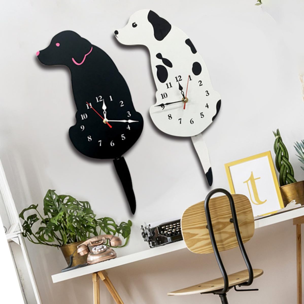 Operitacx Reloj Blanco Diseño Creativo de Acrílico de Pared Alta Precisión y Ecológico de Perro de Dibujos Animados u Adecuado para Habitación u Oficina para Habitación Oficina
