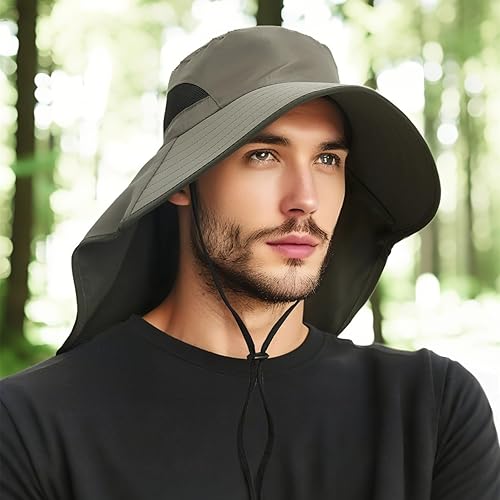 Miniatura 7 de HLLMAN Sombrero de ala súper ancha, protección UPF 50+, sombrero de pescador impermeable para pesca, senderismo, campamento, nailon transpirable y