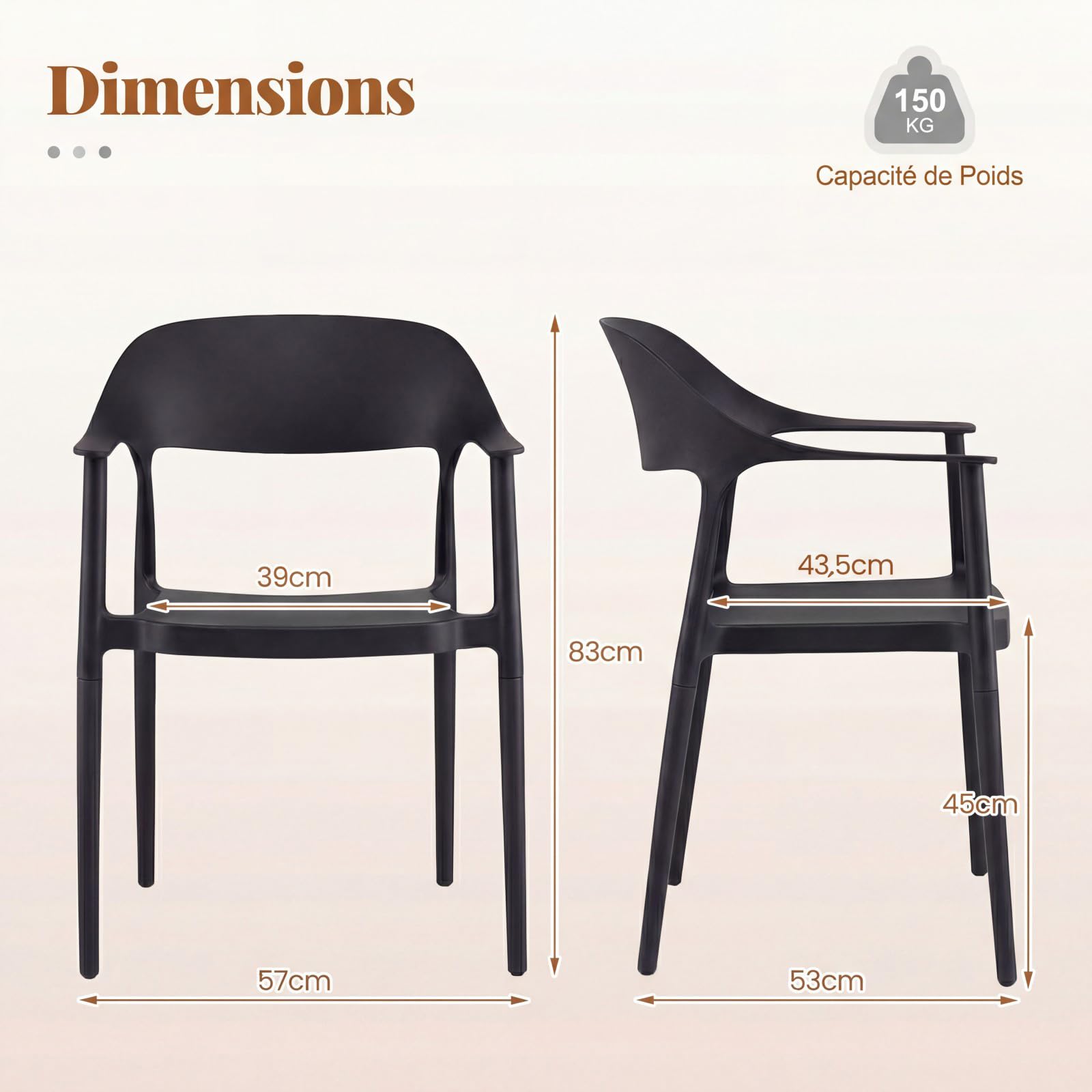 COSTWAY Chaises Empilable Plastique Lot de 4, Chaise de Jardin en PP avec Dossier Incurvé, Accoudoirs Confortables, Siège Large, Montage Facile, Charge 150 kg, pour Cour, Extérieur, Cuisine(Noir,4)