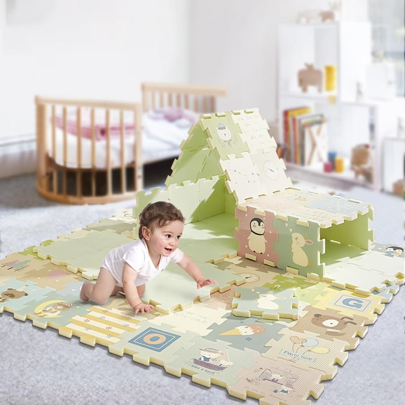 BG-BABYGO Baby Play Mats, 32”x 32” Puzzle with 9 Foam Tiles, Crawling Mat with Interlocking Tiles, Puzzle Mat Pieces, Neutral Playmat for Toddlers & Infants Play Pen (Numeral)
