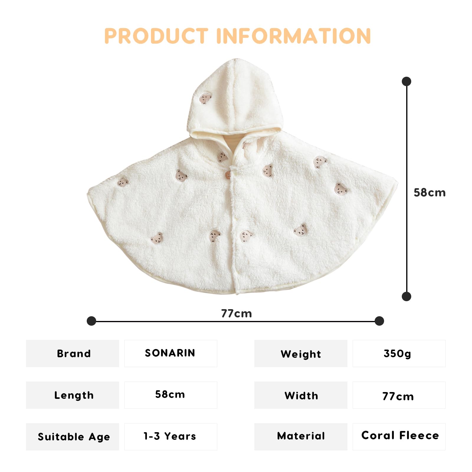 SONARIN Chaude Cape à Capuche Bébé,Manteau d'Hiver Doux Épais Poncho Tout-Petits Mignon Vêtements d'Extérieur Coupe-Vent Veste Châle pour Bébé Garçon Filles 1-3 Ans