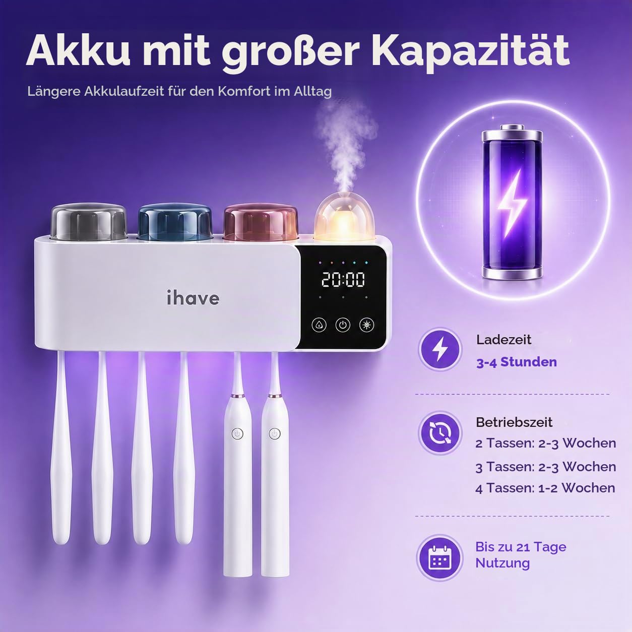 iHave UV Zahnbürstenhalter mit Aroma Diffuser, Sterilisator, 2 Becher