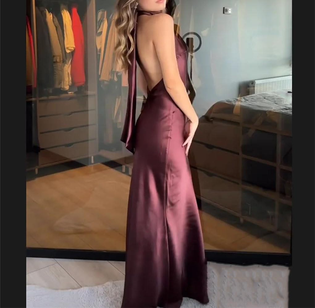 Robe dos nu en satin dos nu pour femme - Style vintage - Polyvalente - Pour rendez-vous galant, fête