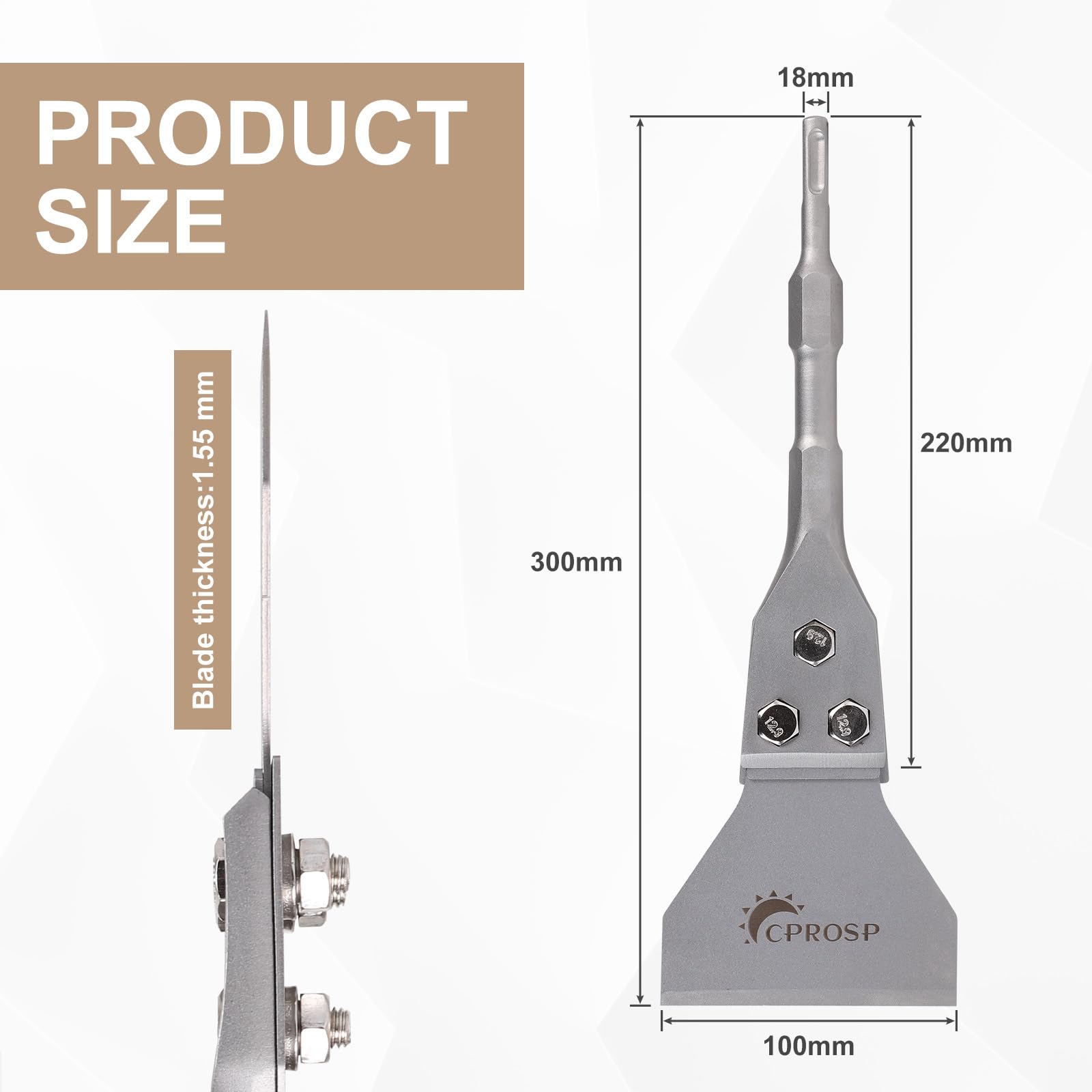 CPROSP Dłuto szpachlowe SDS PLUS 300 x 100 mm, łącznie z zapasowym ostrzem, śrubami, skrobakiem do podłogi i klejem do płytek, skrobakiem do farb do kleju podłogowego, dywanów, płytek PCW