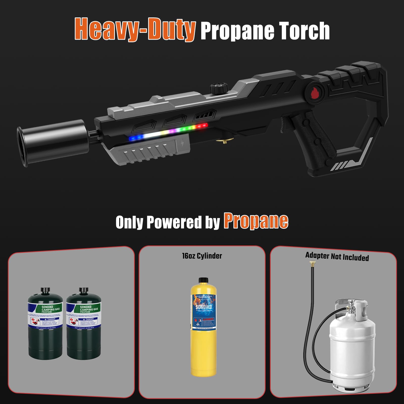 Sondiko Potente pistola de antorcha de propano, luz LED montada en la parte delantera, regalo para hombres | Lanzallamas ajustable, pistola de soplete resistente para asar filetes, barbacoa, Sous Vide, camping, iniciador de carbón