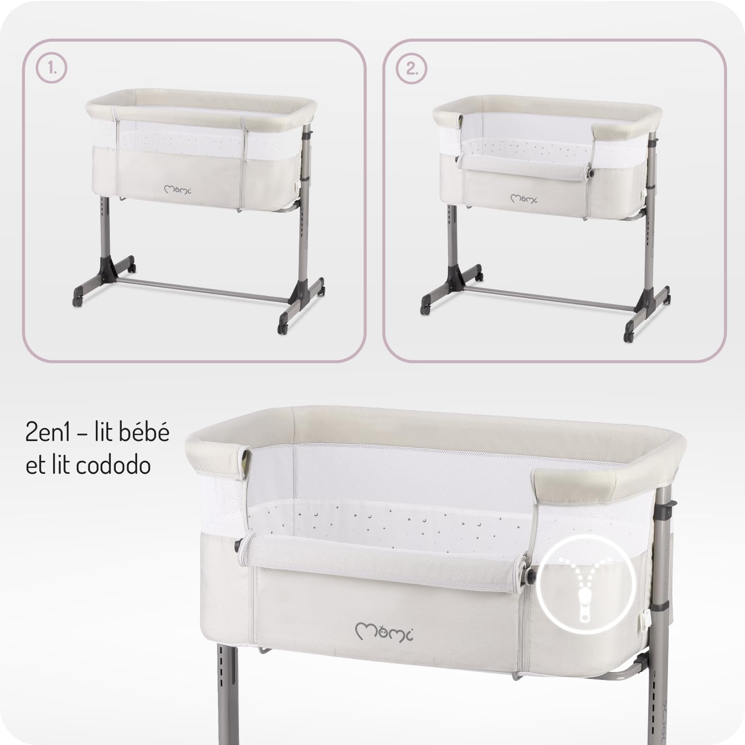 Momi REVO, lit bébé Multifonction, avec Hauteur réglable en 6 Positions de 72 à 82 cm, avec roulettes, Matelas Inclus, Sangles de Fixation, moustiquaire et Barre de Jouets