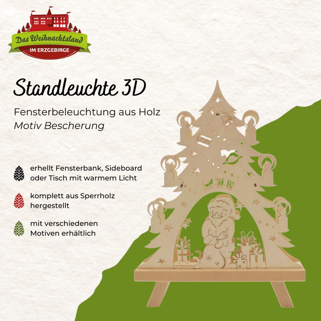 Standleuchte 3D – Weihnachtsdeko – Bescherung | 36 x 27 x 5 – Holz-Deko für Weihnachten – Fensterbeleuchtung – Original Erzgebirge – leuchtende Fensterdekoration
