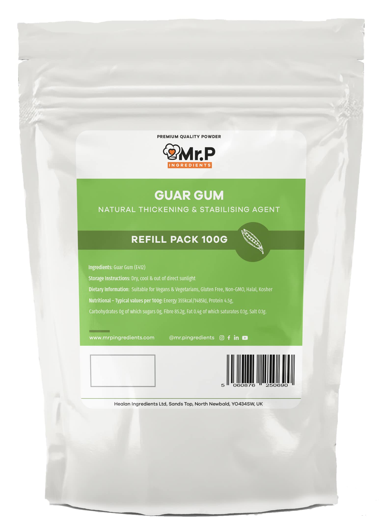 Mr.P IngredientsGuar Gum 100g Powder Thickener and Stabiliser Agent Vegan Vegetarian Halal Kosher Gluten Free Resealable Pouche
