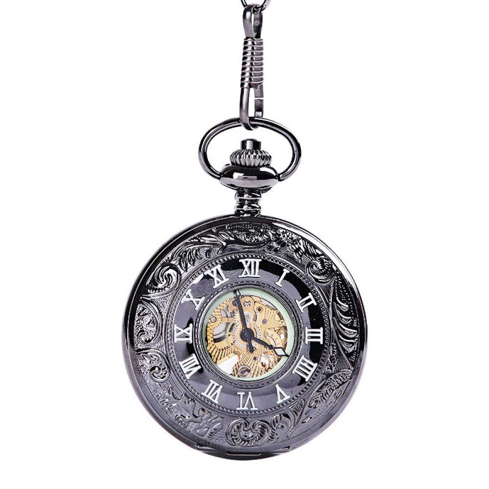 Desconocido Reloj de Bolsillo, Cadena Gruesa Negra Grande Tallada Encaje Ahuecado Reloj de Bolsillo clásico mecánico Luminoso