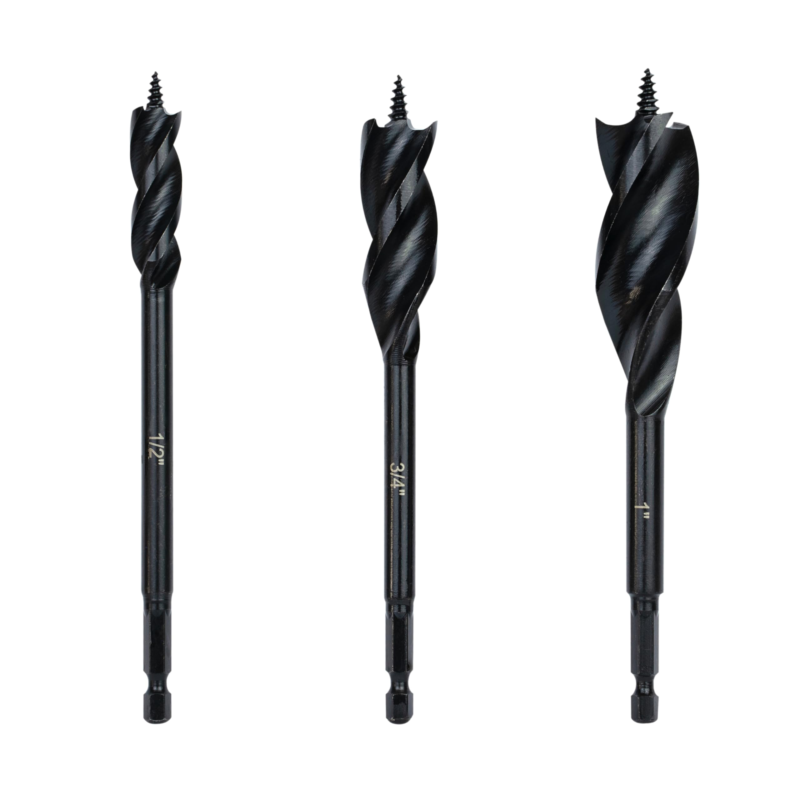 Greycore Tools 3-Piece 6 Inch 3-Flute Auger Bit, Wood Drill Bit for Hard and Soft Wood, 1/4” Quick Change Shank, Woodworking Auger Bits (6” Set 1/2”,