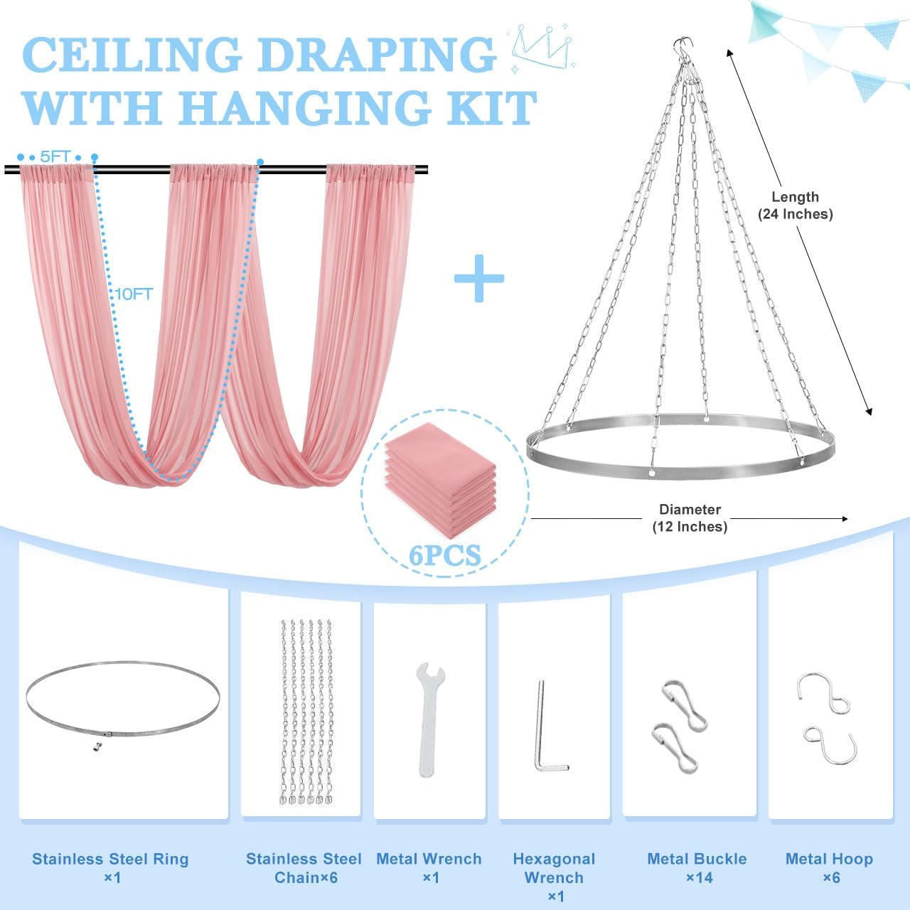 FUHSY Ceiling Drapes Hanging Kit for Weddings Dusty Rose Arch Drapes 6 Pack 5ft x 10ft Chiffon Draping Fabric Ceilings Decor for Wedding Reception Decorations with Ceiling Hanging Hook